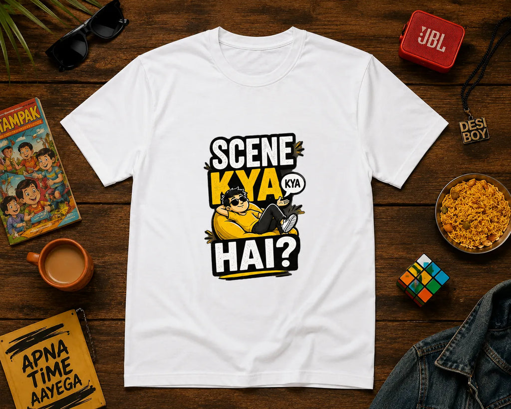 Scene Kya Hai – Desi Slang Graphic T-Shirt | White | Flat Lay | Teeswag