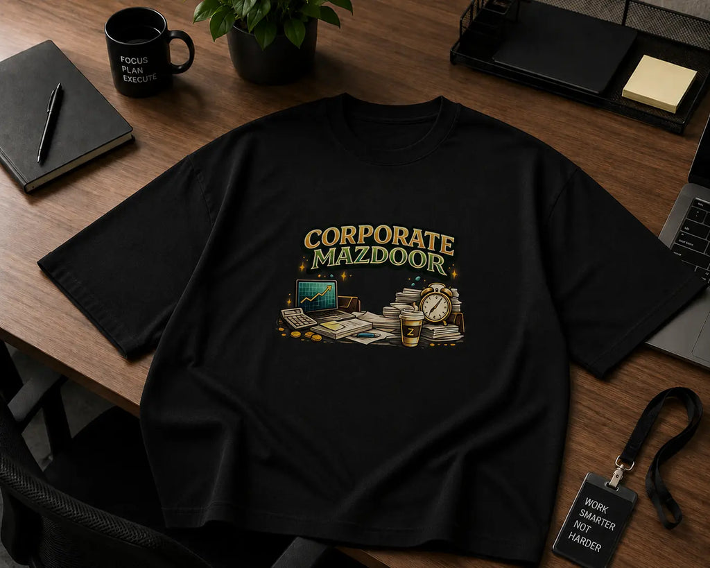 Corporate Mazdoor – Office Humour Oversized T-Shirt | Black | Flat Lay | Teeswag