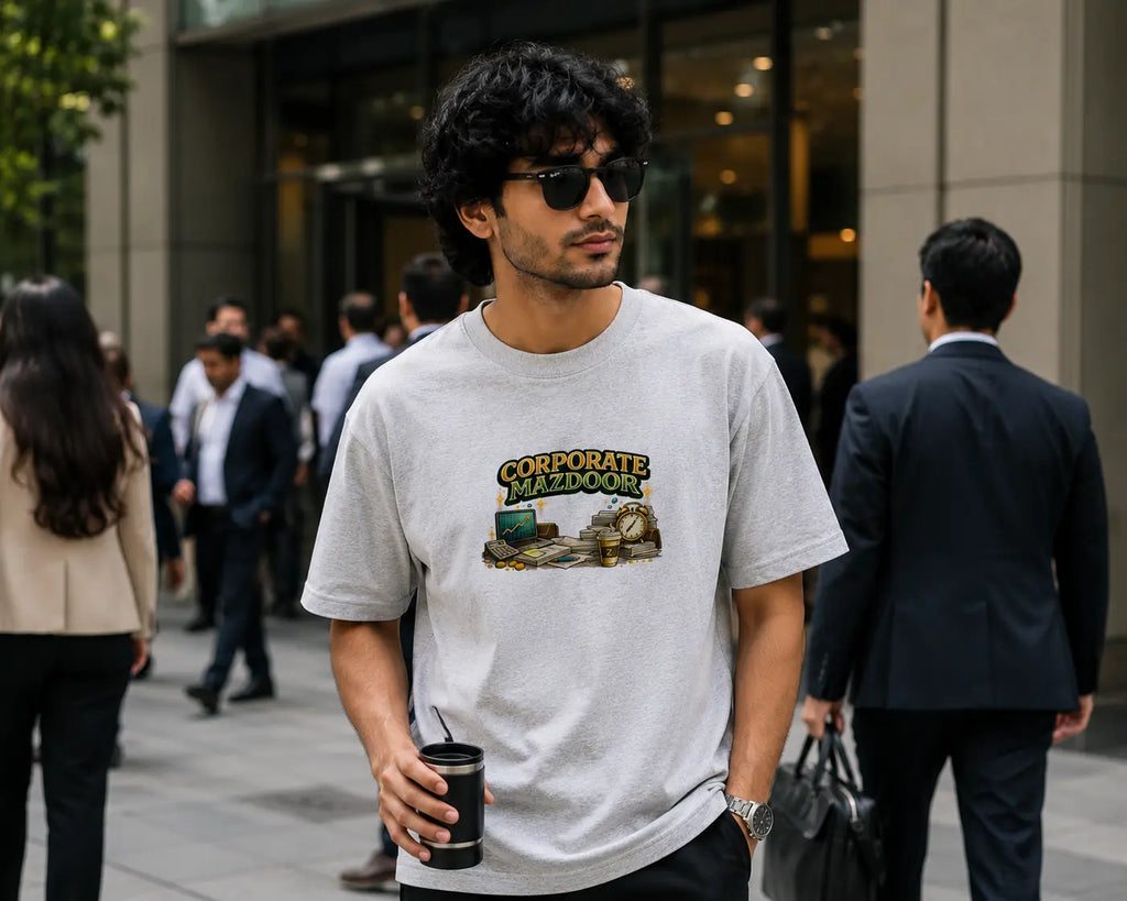 Corporate Mazdoor – Office Humour Oversized T-Shirt | Grey | Unisex | Teeswag