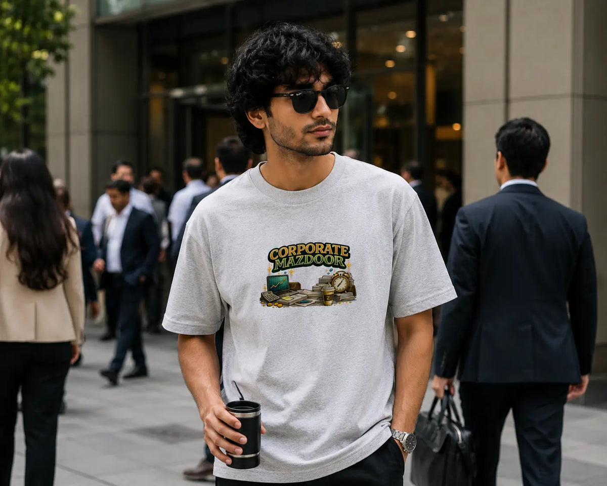 Corporate Mazdoor – Office Humour Oversized T-Shirt | Grey | Unisex | Teeswag