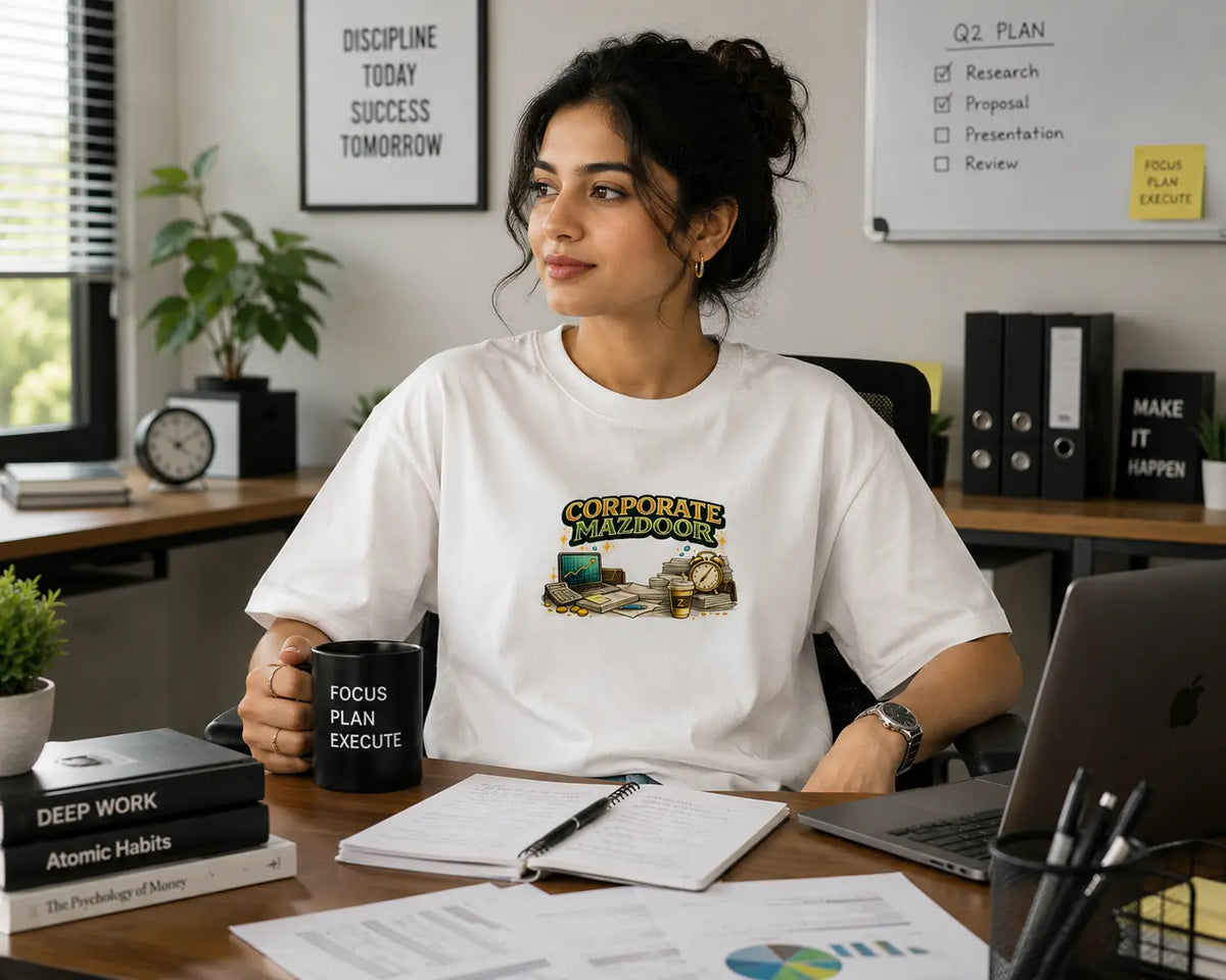 Corporate Mazdoor – Office Humour Oversized T-Shirt | White | Unisex | Teeswag
