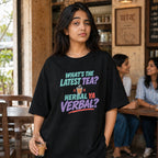 What's the Latest Tea? – Desi Humour Oversized T-Shirt | Model Shot 1 | Unisex | Teeswag