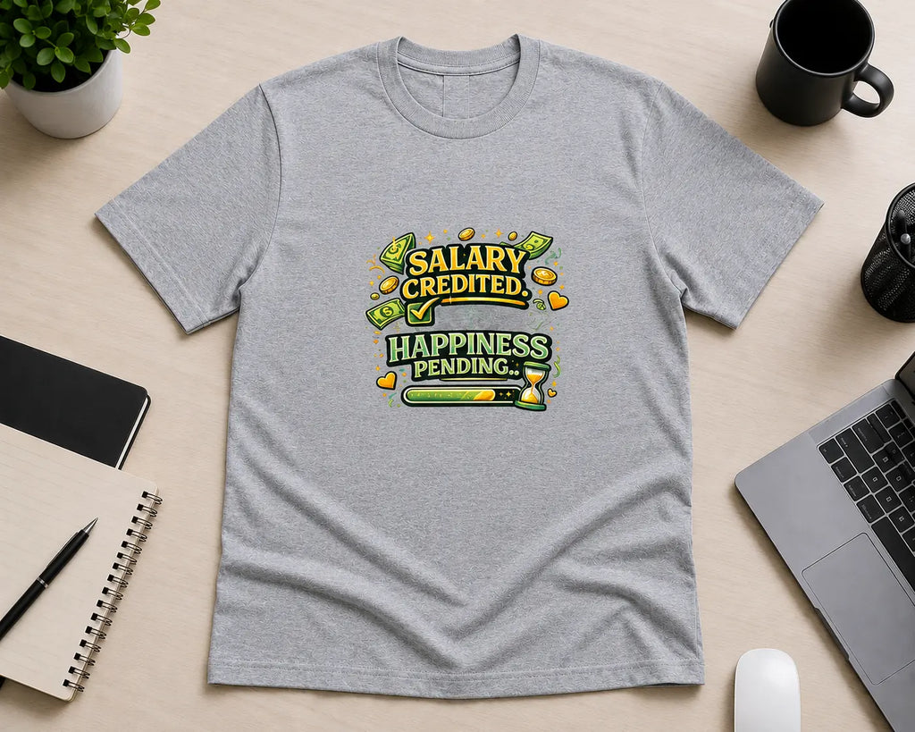 Salary Credited Happiness Pending – Office Humour Graphic T-Shirt | Grey | Flat Lay | Teeswag