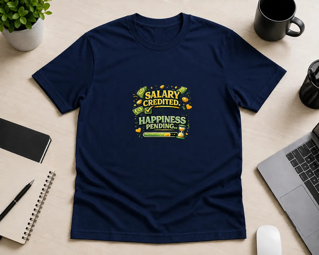 Salary Credited Happiness Pending – Office Humour Graphic T-Shirt | Navy Blue | Flat Lay | Teeswag